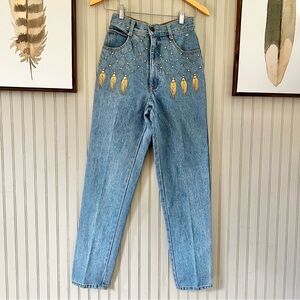 Monique Jeans Vintage 90’s High Waist Gold Embellished Straight Jeans with Studs
